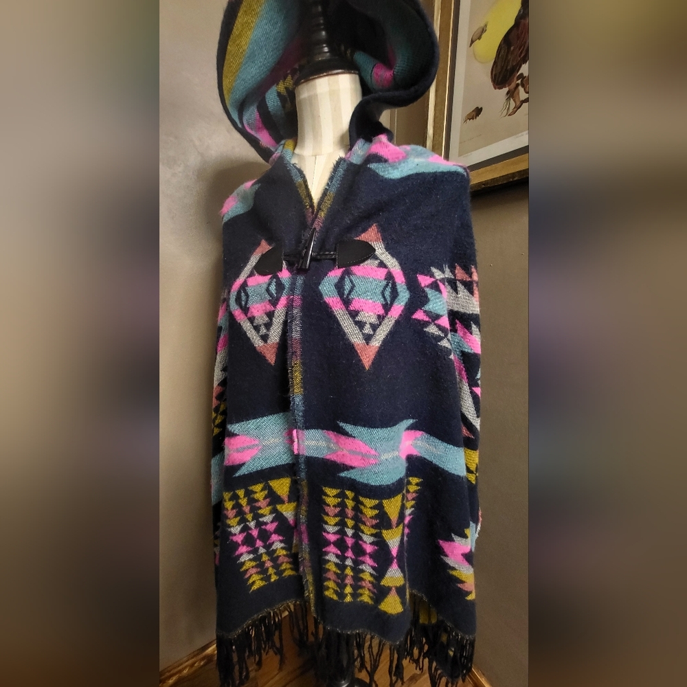 LIKE NEW Black Aztec Western Fringe Poncho Sweater Button Pink Turquoise